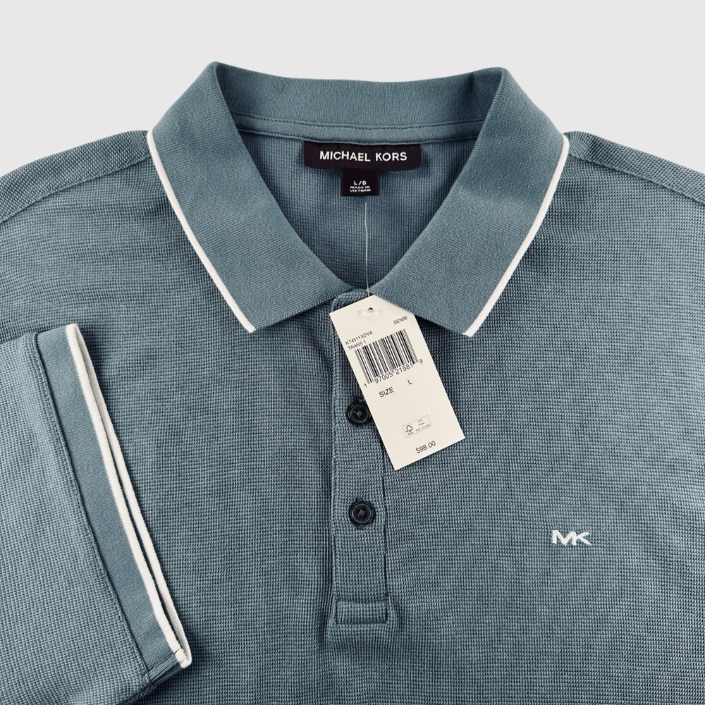Michael Kors Mens Large Blue Short Sleeve Tipped Collar Polo Shirt NWT - Picture 4 of 10